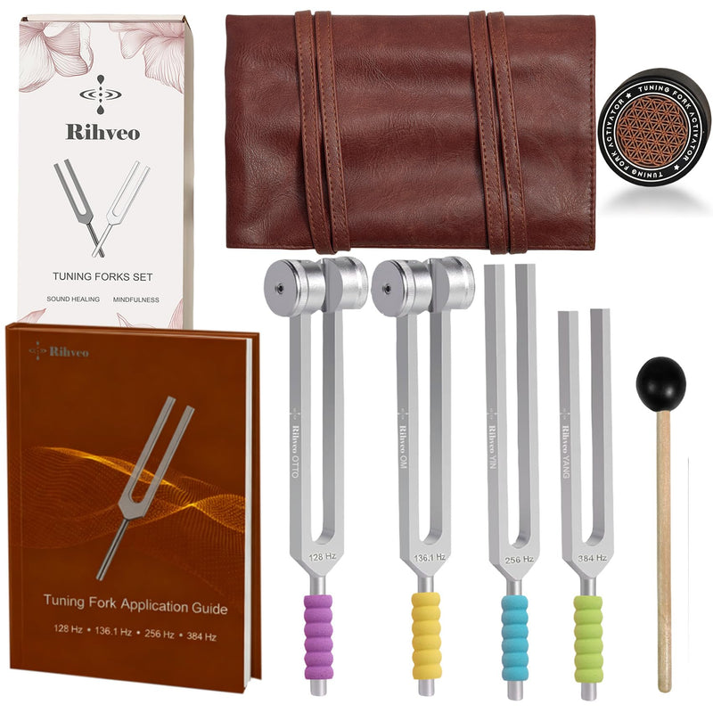 [AUSTRALIA] - Tuning Forks for Healing Set (128Hz, 136.1Hz, 256Hz, 384Hz) with Activator & Reflex Hammer, Sound Therapy Instruments for Chakra/Yoga/Meditation, Frequency Healing Devices in Vegan Leather Pouch Silver 