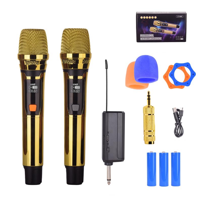 Handheld Wireless Microphone, Rechargeable UHF Microphone, 200Ft, Plating Gold 2 MIC,Handheld Dynamic Wireless Mic for Large Stage Singing Karaoke Wedding DJ Party Speech Church Class Use PA System Golden 2-Mic