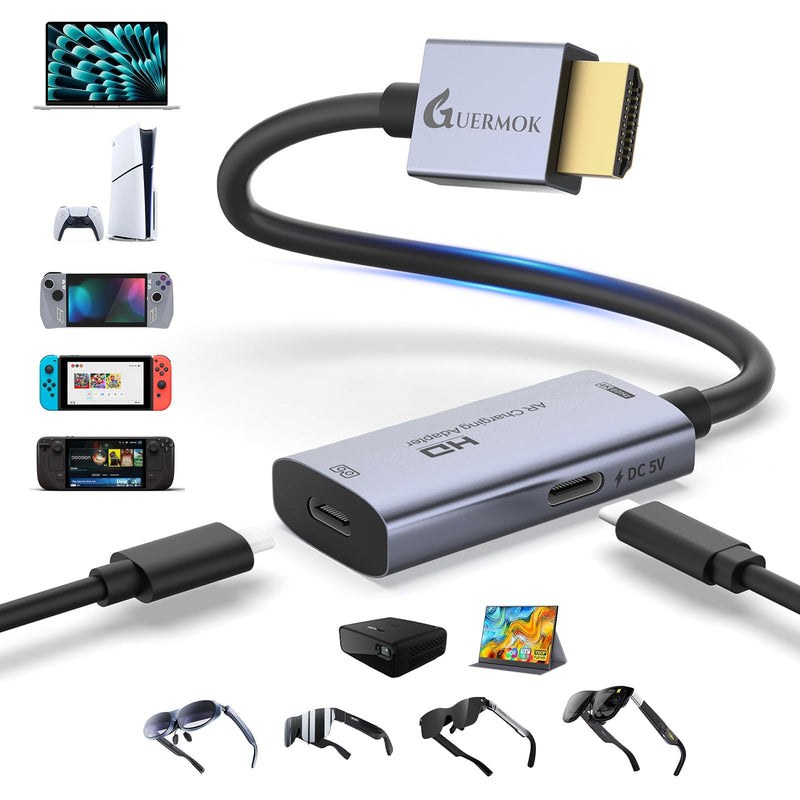 [AUSTRALIA] - Guermok AR Glasses HDMI to USB-C Display Adapter, 4K@60Hz Play and Charge XR Converter with DC 5V, for XREAL One/Air 2 Pro/RayNeo/Rokid, Switch 2/1, Xbox1, PS4/5, Portable Monitors (Sliver) 0.74FT Silver 