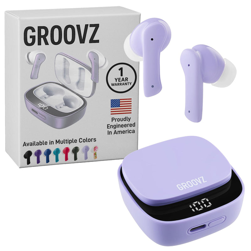 Groovz True Wireless Earbuds with Charging Case - Designed and Engineered in The USA - IPx4 Water Resistant Bluetooth Earbuds Compatible with Apple and Android - 27Hrs Battery Life - Lavender Lavendar