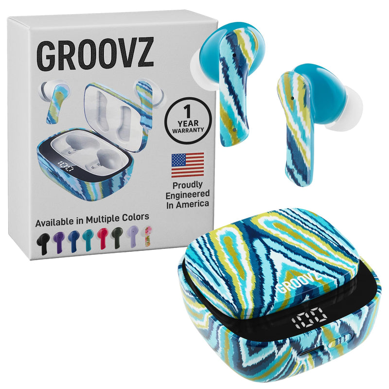Groovz True Wireless Earbuds with Charging Case - Designed and Engineered in The USA - IPx4 Water Resistant Bluetooth Earbuds Compatible with Apple and Android - 27Hrs Battery Life - Peacock