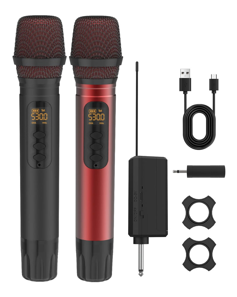 Wireless Microphones, UHF Metal Dual Handheld Cordless Dynamic Karaoke Microphone Wireless, 1/4 "Output for Rechargeable Wireless Microphone,Suitable for Wedding, Party, Speech,Class Use, 240ft