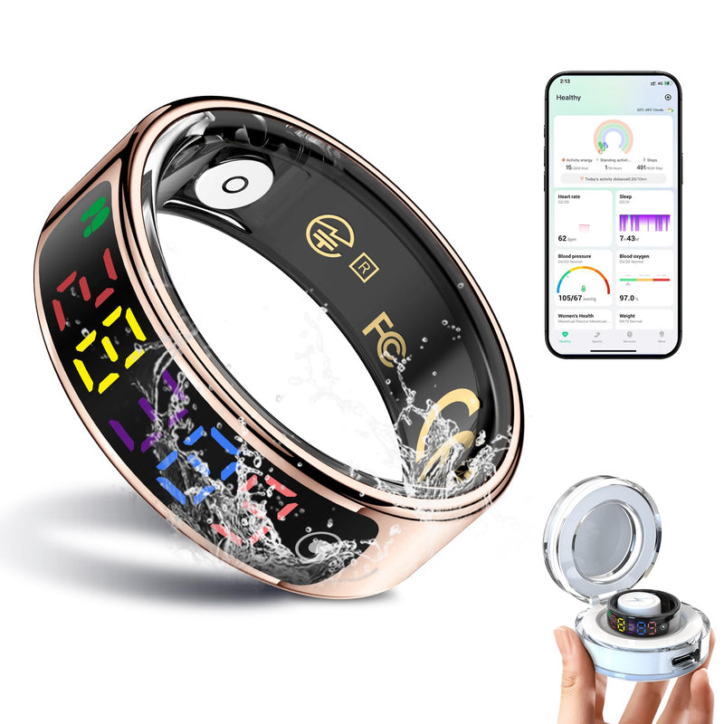 Smart Ring for Women Men, Health Ring with Colorful Display, Fitness Tracker with Heart Rate, Blood Oxygen, Sleep Monitor, No Subscription Fee, 5ATM Waterproof for iPhone & Android (Rose Gold, 12) Rose Gold