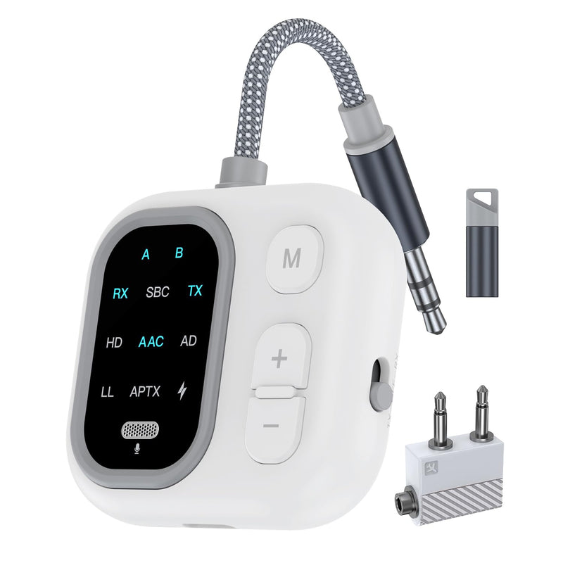 Bluetooth 5.3 Adapter for Airplane, Support 2 AirPods Dual Wireless Headphones, aptX Adaptive 3.5mm AUX Jack Wireless Audio Transmitter for TV, Airline, Planes, Travel Essentials Silver