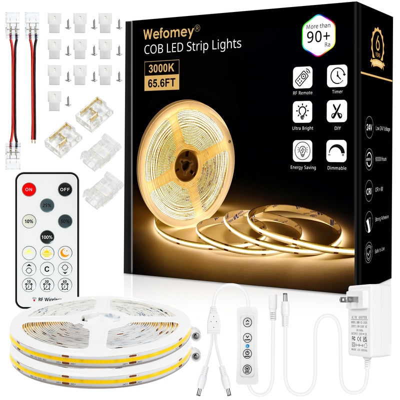 [AUSTRALIA] - Wefomey 65.6ft COB LED Strip Light with Remote, 3000K Dimmable Bright Warm White Led Lights Strip, Flexible DC24V Led Tape Light for Bedroom, Kitchen, DIY Lighting (2 Rolls of 32.8ft) 65.6Ft-3000K Warm White 