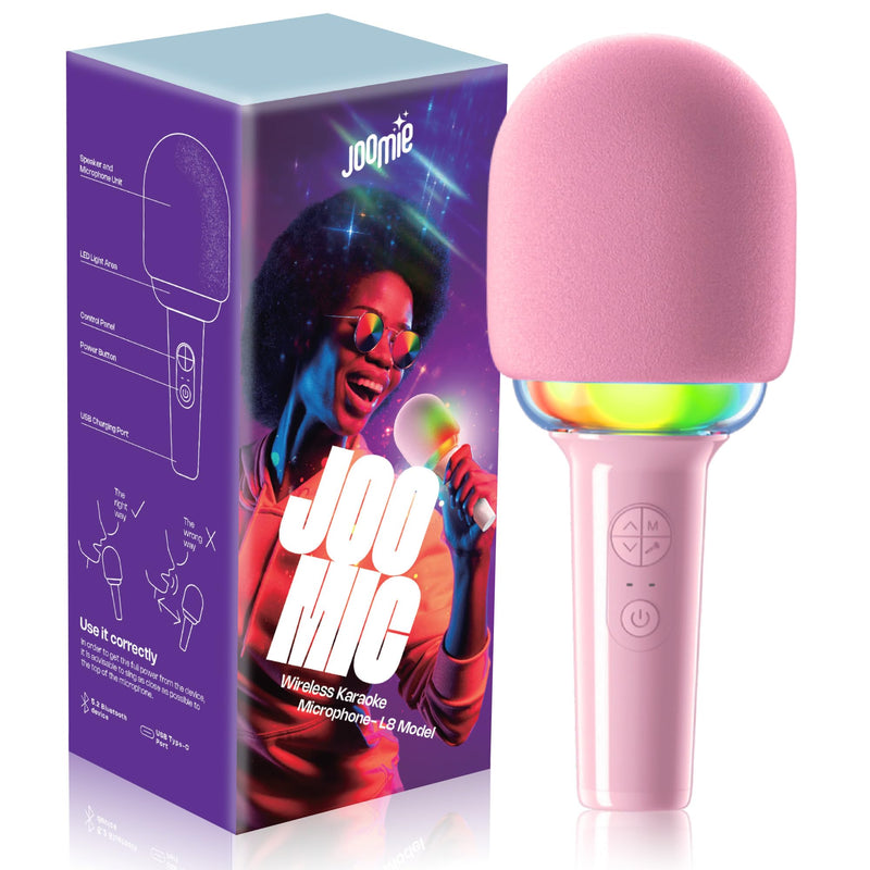 Joomie Kids Wireless Pink Karaoke Microphone - Fun Musical Toy with Pink Windscreen, Safe Design, Easy Controls, and Long Battery Life for Children's Parties, Playdates, and Imaginative Play