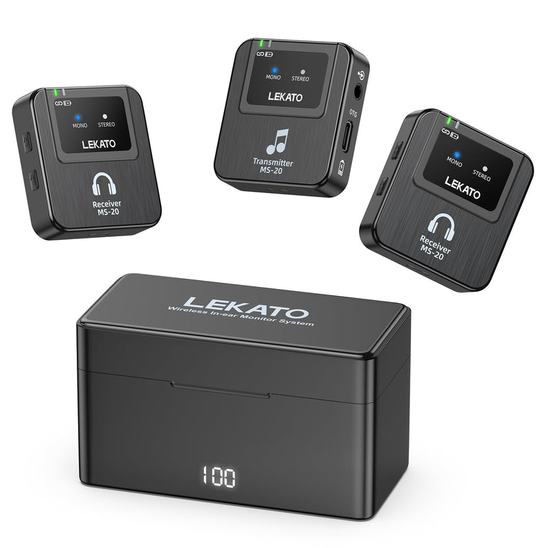 LEKATO Wireless in-Ear Monitor MS-20 Charging, 30H Battery Life with Box, 2.4G IEM System 1Transmitter 2 Receivers Auto-Pairing,OTG Support,One to More, in-Ear Monitoring for Studio,Live,Singer,Band Black
