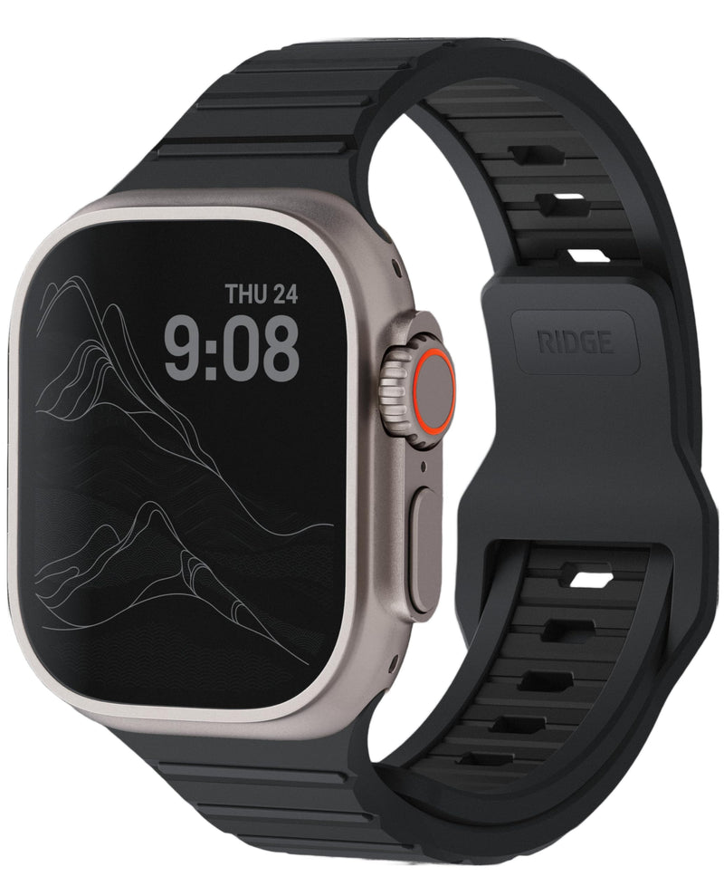 RIDGE Watch Strap - Compatible with Apple Watch 41/42 & Ultra/46 mm (Series 1-10 and SE), Premium FKM Rubber, Stainless Steel Hardware, Adjustable & Fits Most Wrists Matte Black Large