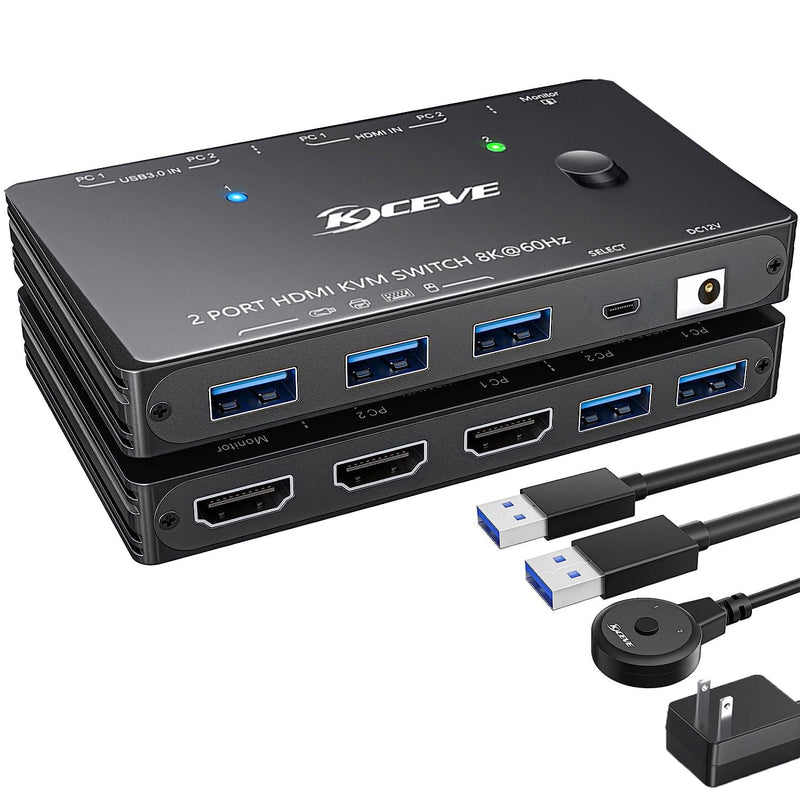 KCEVE HDMI2.1 KVM Switch 2 Computer 1 Monitor 8K@60Hz | KVM Switch HDMI 2 Port with 3 USB3.0, Wired Remote and Power Adapter (8K HD 2 in 1 Out KVM) Black 11cm 8K HDMI 2 in 1 Out KVM
