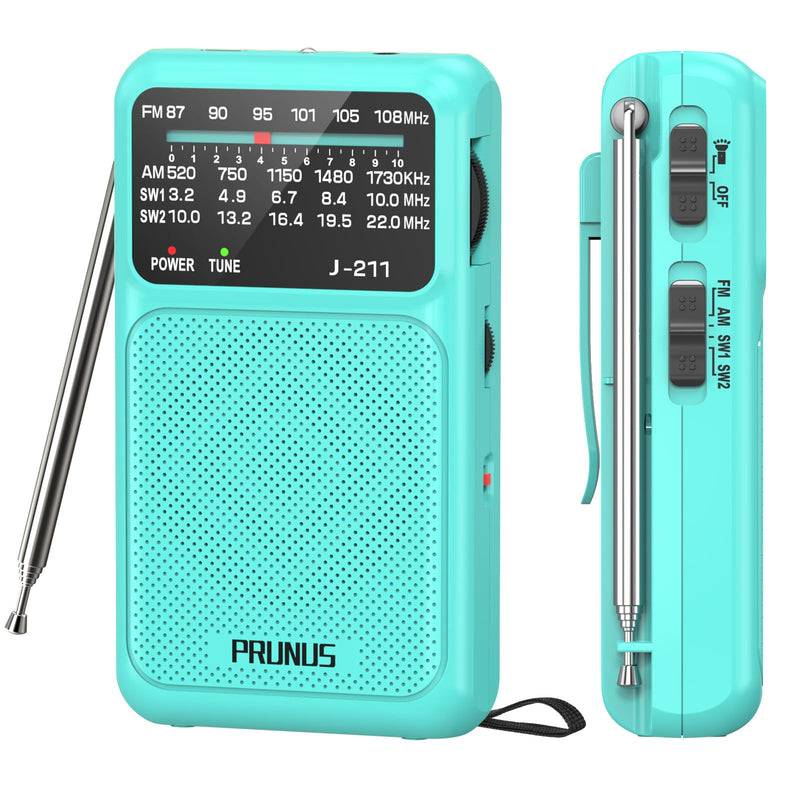 PRUNUS J-211 Portable Radio AM FM with USB Charging and AA Battery Operated, Transistor Radio, Strong Reception& Clear Speaker, Headphone Jack, Back Clip, Lanyard, Small radios Portable AM FM Blue