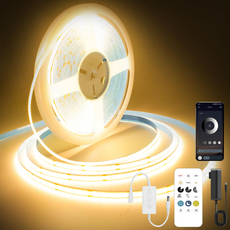 [AUSTRALIA] - Pandery COB LED Strip Lights Warm White,24V Dimmable led Light Strip KIT with Remote and app Control,2700K 25FT/7.5m 8mm Wide Ra>90 Cuttable Flexible Strip Lights for Bedroom,Wardrobe,Cabinet 2700K Warm white 