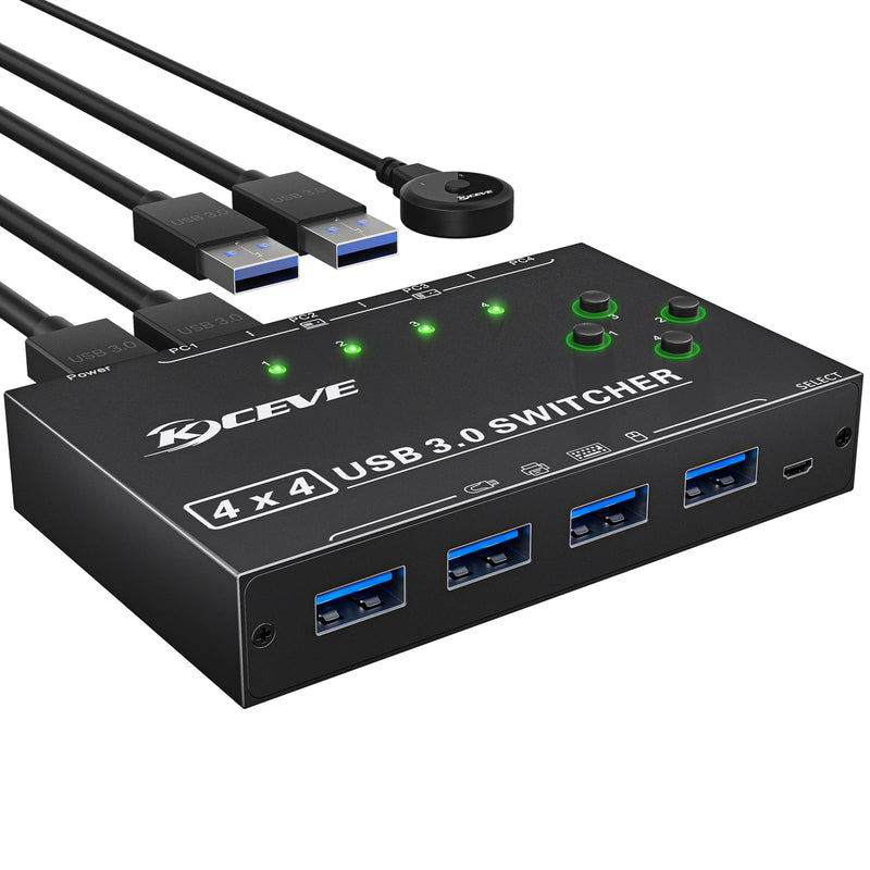 KCEVE USB Switch 4 Computers, USB3.0 Switch for 4 Computer Share 4 USB Devices, with Wired Remote(4K 4 in 4 Out KM)