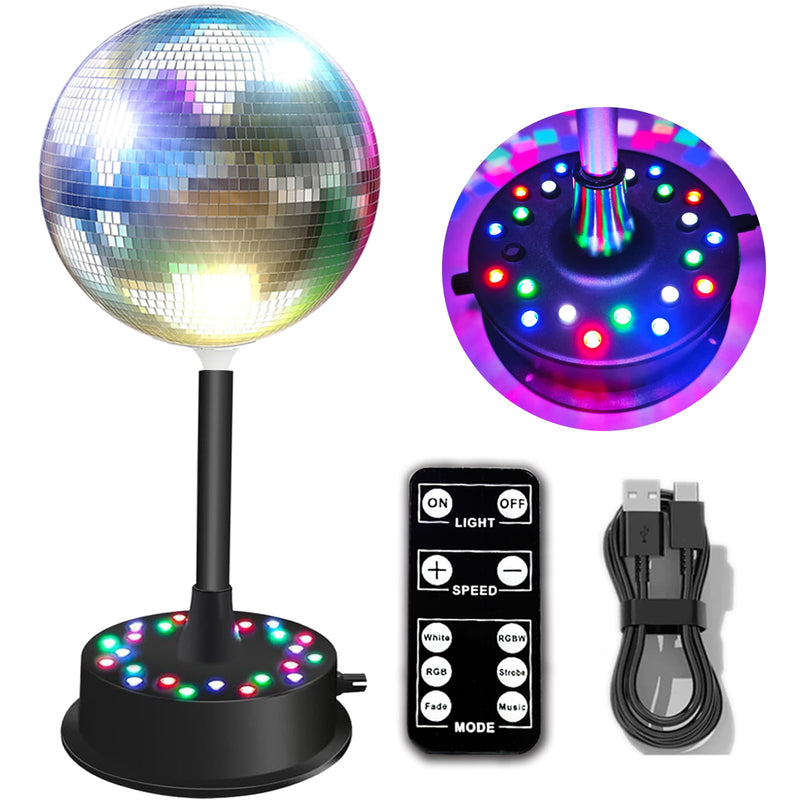 Remote RGBW Rotating Mirror Ball Light,5-10RPM Adjustable Speed Light Up Spinner 23 LED Disco Motor with 6" Mirror Ball for Birthday Party Decor
