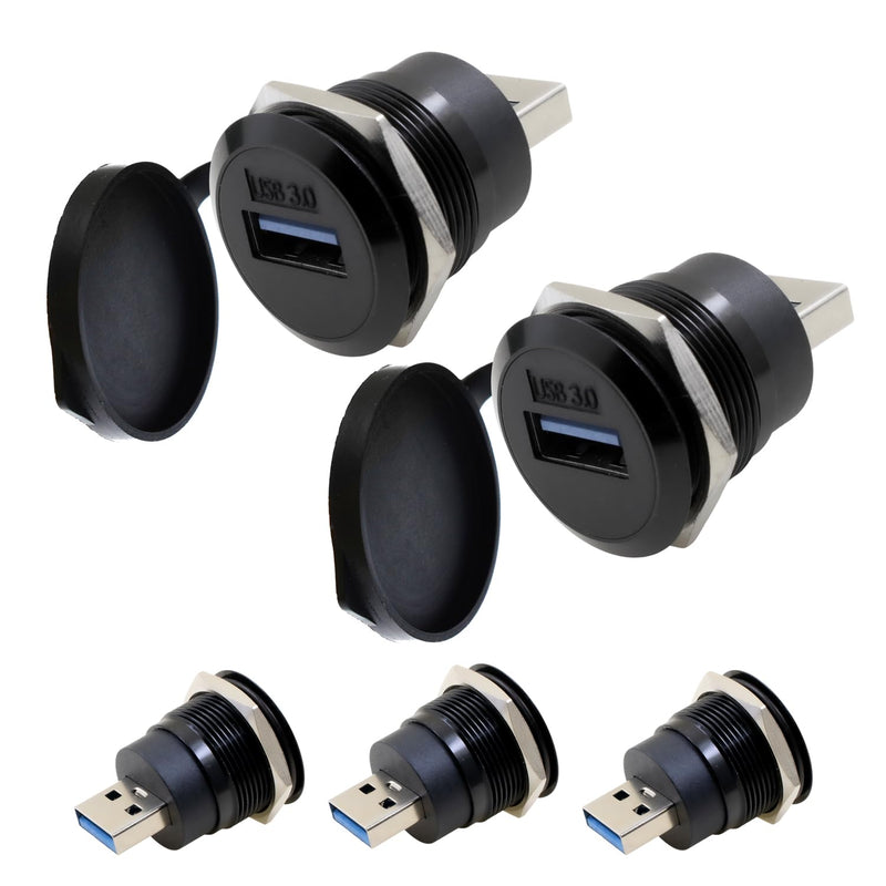 5-Pack USB3.0 Male to Female Panel Mount Adapter, Threaded Socket, 5Gbps | Dust cover included with threaded round socket and nut fixing for 5Gbps data transfer and charging, black 5-Pack Black