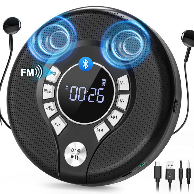 [AUSTRALIA] - Greadio Portable Bluetooth CD Player with 2000mAh Rechargeable, Personal CD Player for Car with FM Transmitter/AUX, CD Discman Player with Headphone, 120s Anti-Skip, USB Port, Backlight (Black) Black-CD Player with FM Transmitter 