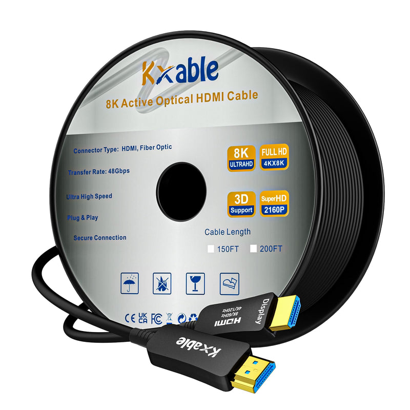 8K HDMI Fiber Optic Cable 150FT, HDMI 2.1 48Gbps Ultra High Speed Cord, 8K@60Hz, 4K@120Hz, 3D Dynamic HDR/eARC/HDCP 2.3, Compatible with Laptop/Monitor/Projector, PS5, Xbox, HDTV, Blu-ray & More