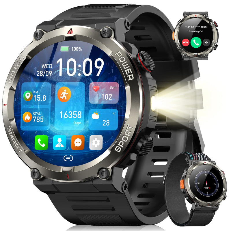 Military Smart Watch for Men(Answer/Make Calls),Outdoor Smartwatch with 100 Days Battery/Flashlight/Compass/Heart Rate/SpO2/Sleep Monitor/2 Straps, Rugged Fitness Watch for iPhone/Android Phones W50Pro-Black
