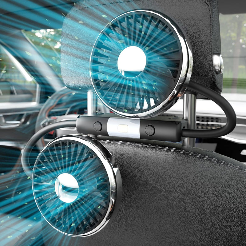 Dual-Head USB Car Fan for Backseat | LED Light