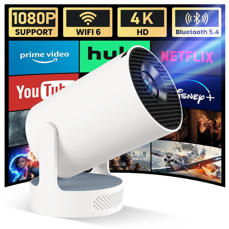 [AUSTRALIA] - Mini Projector with WiFi and Bluetooth, 4K 1080P Support Portable Projector with Speaker, 110'' Big Screen Projection, Auto Keystone, 180° Rotatable Smart Projector for Phone/TV Stick/Laptop White. 