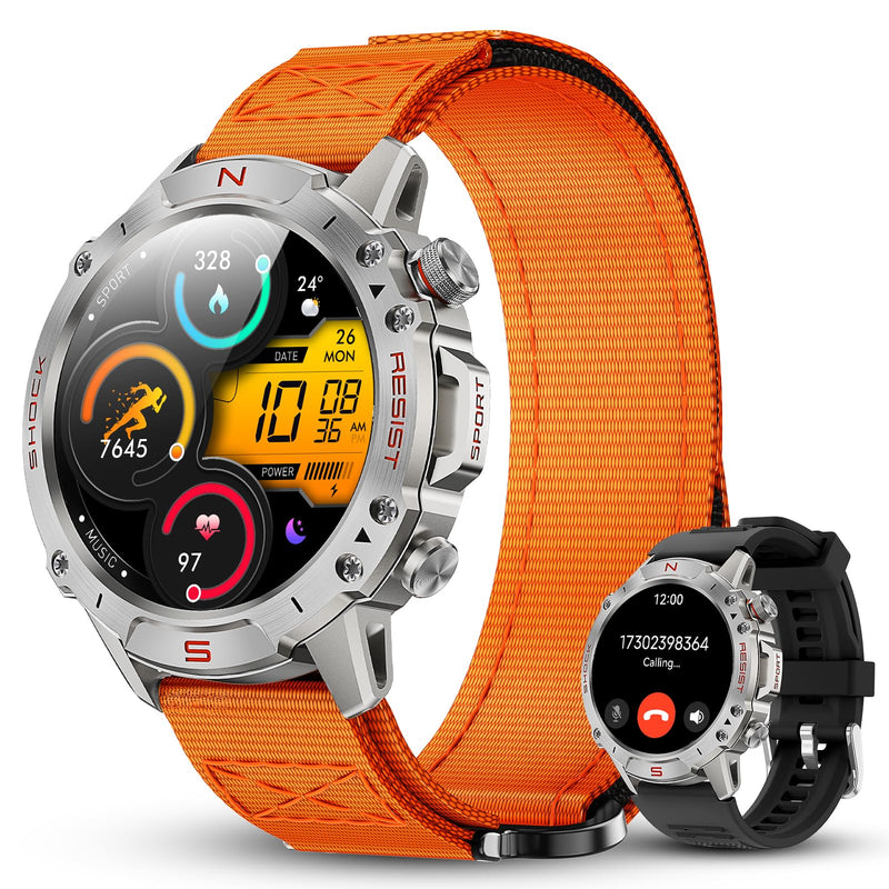 WalkerFit Smart Watch for Men, Rugged Tactical Fitness Tracker with 1.43" AMOLED Display, Bluetooth Calls, 5ATM Waterproof, 170+ Sports, SpO2/Heart Rate Monitor, 2 Bands, iPhone/Android Compatible
