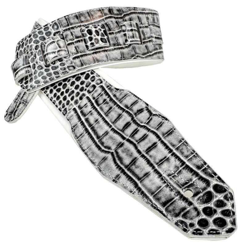Walker & Williams F-23 Black Water Alligator Strap 3" Wide With Arctic White Padded Glove Leather Back For Acoustic, Electric, And Bass Guitars