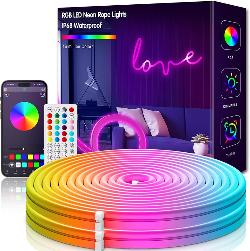 KIKO 32.8ft Rope Lights, 10m Led Strip Lights Remote APP Control,IP67 Outdoor Neon Lights Music Sync Led Rope Lights DIY Mode Neon Flex Strip Lights for Bedroom Indoors Outdoors Decor 33FT
