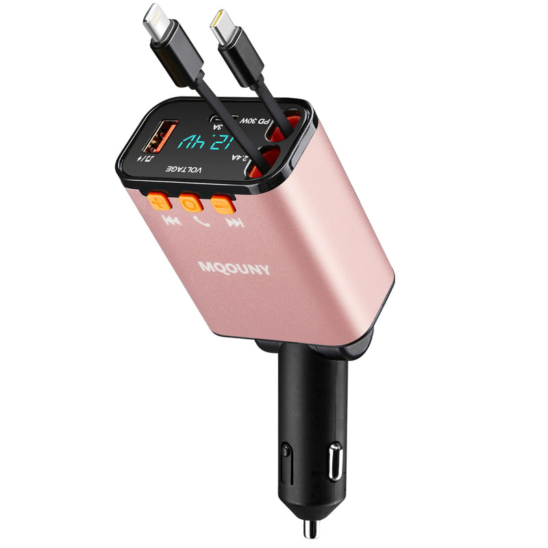 Retractable Car Charger,5 in 1 Fast Cars Phone Charger 60w,Bluetooth 5.3 FM Transmitter Adapter,Handsfree Call,MP3 Player,2 Retractable Cables and USB Chargers, for Phone,Galaxy,Pixel (Pink) Pink