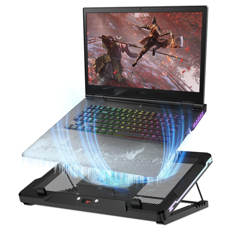 DEPGI Laptop Cooling Pad, Laptop Cooler Stand with 5.5" Movable Fan Easy to Clean, 10 RGB Light Modes, Auto Temp Sensor & 3-Speed Manual Control, Ultra Quiet ≤40dB for 14–17.3 Inch Laptops Standard Black