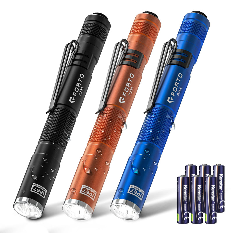 FORTO LED Pen Light, 200 Lumens Pocket Flashlight, IP67 Waterproof, 2 Modes, 2 Pack with AAA Batteries, Lightweight & Durable for Inspection, Medical Use, Emergency(3-Pack Mix) MIX 3 PACK