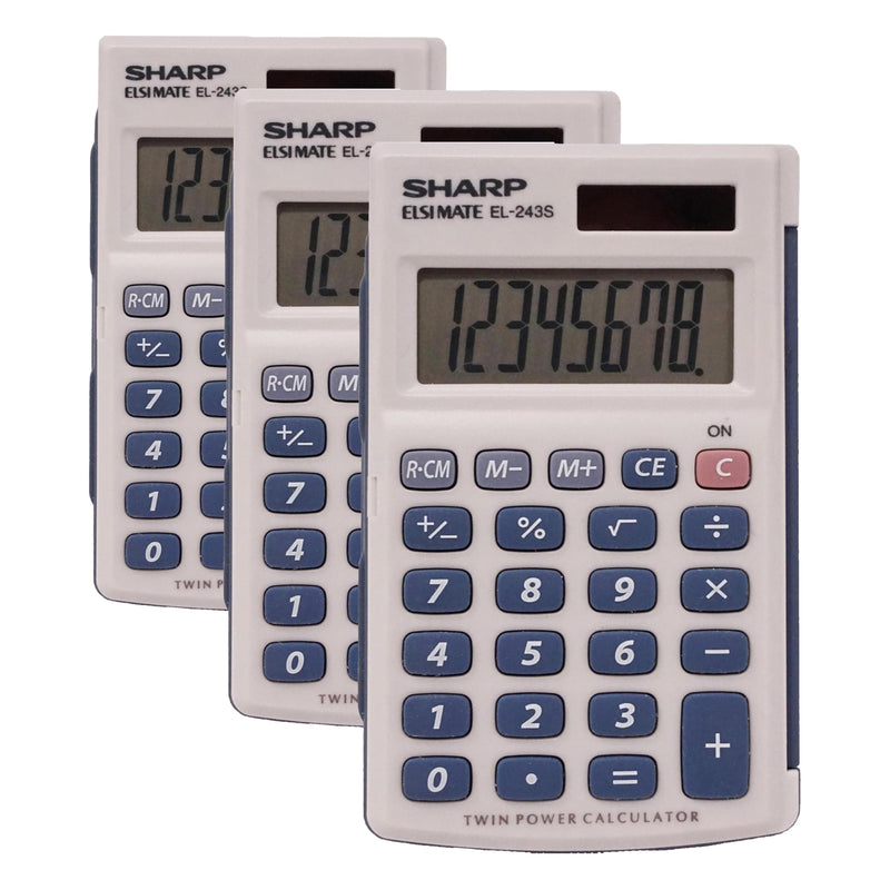 Sharp Calculators EL-243SB 8-Digit Pocket Calculator (Pack of 3) Gray, Blue 0.4" x 2.5" x 4.1" (Pack of 3)