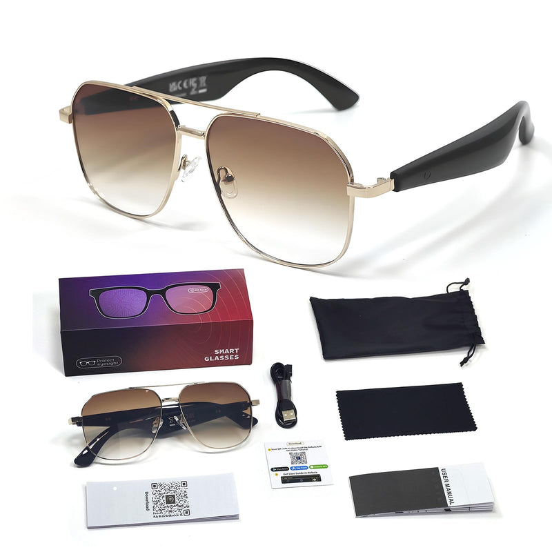 AI Smart Translation Glasses for Travel & Business, Real-Time 100+ Language Translator, Wireless Open-Earphones Design with Music Playback & Touch Control,Lightweight Eyewear (GD/BN) GD / BN