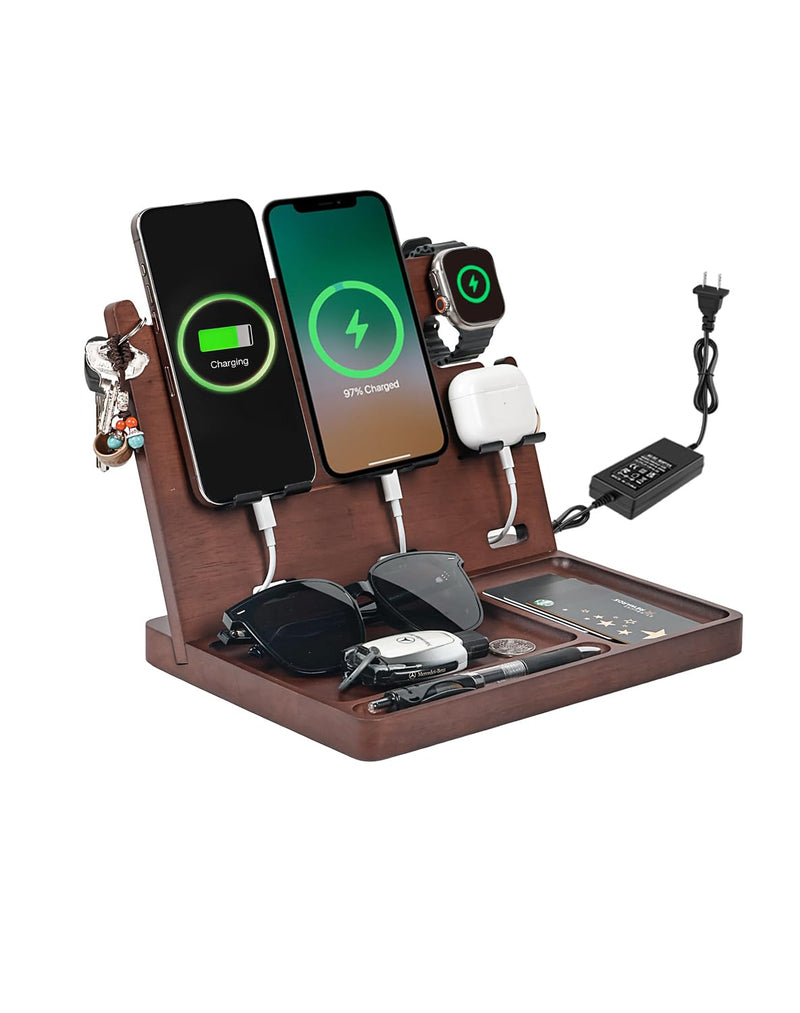 Wood Phone Docking Station with 4 USB 22.5W PD & QC3.0 Fast Charger,Nightstand Organizer for Men, Dual Phone Charging Station for iPhone Samsung Google Android,Anniversary Birthday Gifts for Men Him 8808