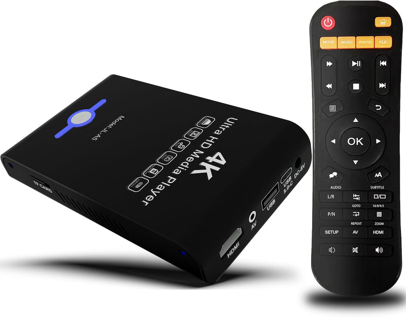 [AUSTRALIA] - 4K Ultra HD Media Player & HDD Enclosure 2-in-1,Digital Signage, Play H.265/HEVC H.264/AVC MP4 MKV Videos,MP3 Music,JPG Photos,Auto Playback and Resume,Supports HDDs,USB/SD Card,4k HDMI,Analog AV. Piano black 