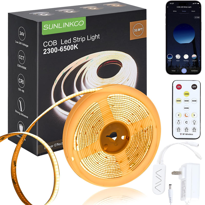 [AUSTRALIA] - COB LED Strip Light 16.4ft, Dimmable 2300K-6500K White CCT Tunable, DC 24V Cuttable LED Tape Light, High Density 3040 LED 36W CRI 90, APP Remote Control, Music Mode, For Home DIY, Living Room, Bedroom 