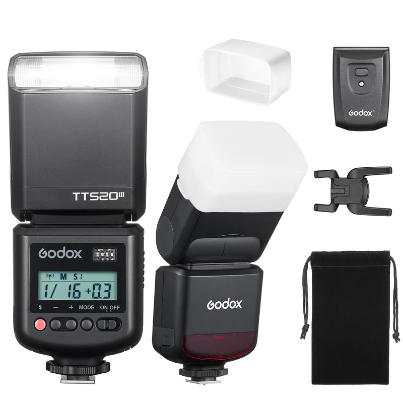 Godox TT520III Universal Bounce Flash Kit with Diffuser for Canon, Nikon, Sony, Fuji, Olympus Single-Contact Hot Shoe Cameras, 433MHz Wireless Speedlite, GN33, 400 Flashes, S1/S2 Optical Slave Modes Flash with trigger & diffuser kit