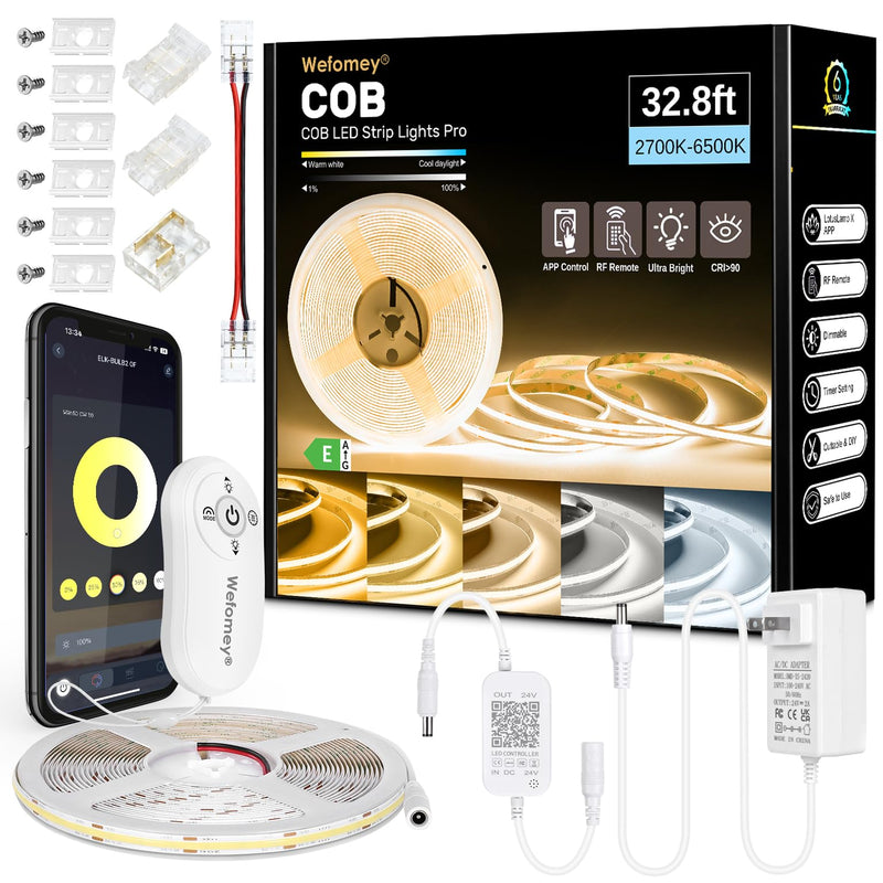 [AUSTRALIA] - Wefomey COB LED Strip Light White, Dimmable 2700K-6500K High Density 6080LEDs 24V Flexible LED Tape Light with Remote and APP Control, for Under Cabinet Bedroom Kitchen DIY Lighting,1 Rolls of 32.8ft 32.8FT-2700K-6500K Tunable White 