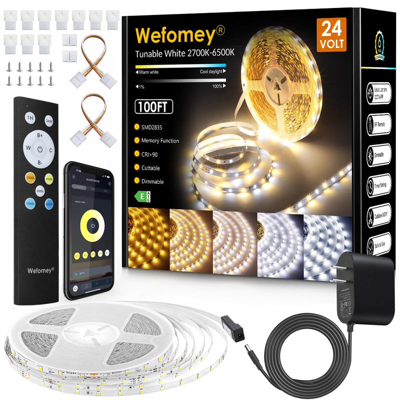 [AUSTRALIA] - Wefomey White LED Strip Lights, Upgraded 100ft Dimmable 2700K-6500K Bright 24V LED Light Strip with Remote and App Control, 1440 LEDs Flexible Tape Lights for Living Room, Bedroom, Kitchen, Ceiling 100FT/2700K-6500K Tunable White 