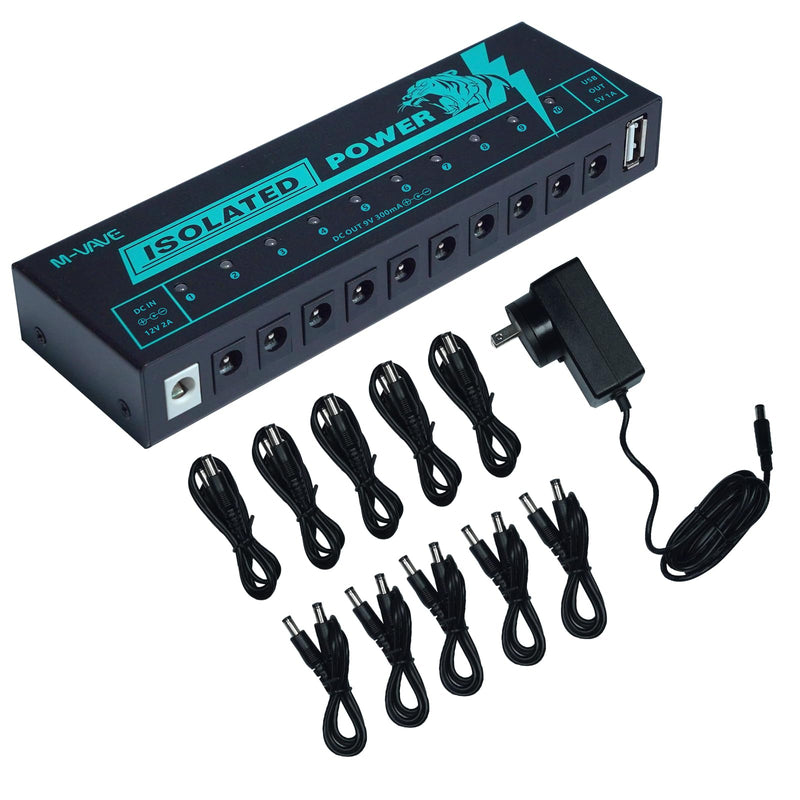 M-VAVE Guitar Pedal Isolated Power Supply Portable for Bass Effect 11 Isolated Multiple Output DC 9V 5V USB Output LED Light 300mA 1A Portable Guitar Cables