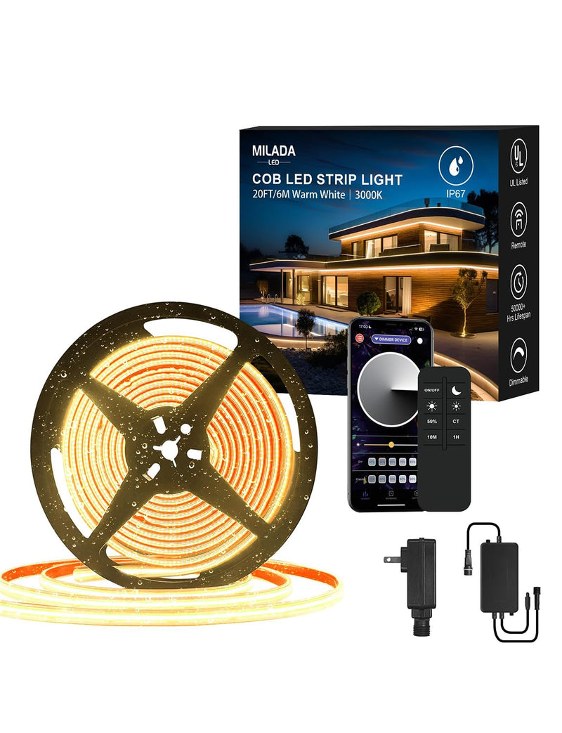 [AUSTRALIA] - 20FT COB LED Strip Lights Outdoor IP67 Waterproof,6M, Flexible DC 24V, Remote & App Control, Dimmable, Warm White 3000K Led Tap Lighting For Garden Patio ,Kitchen Living Room Bedroom DIY Decor 3000K-20FT 