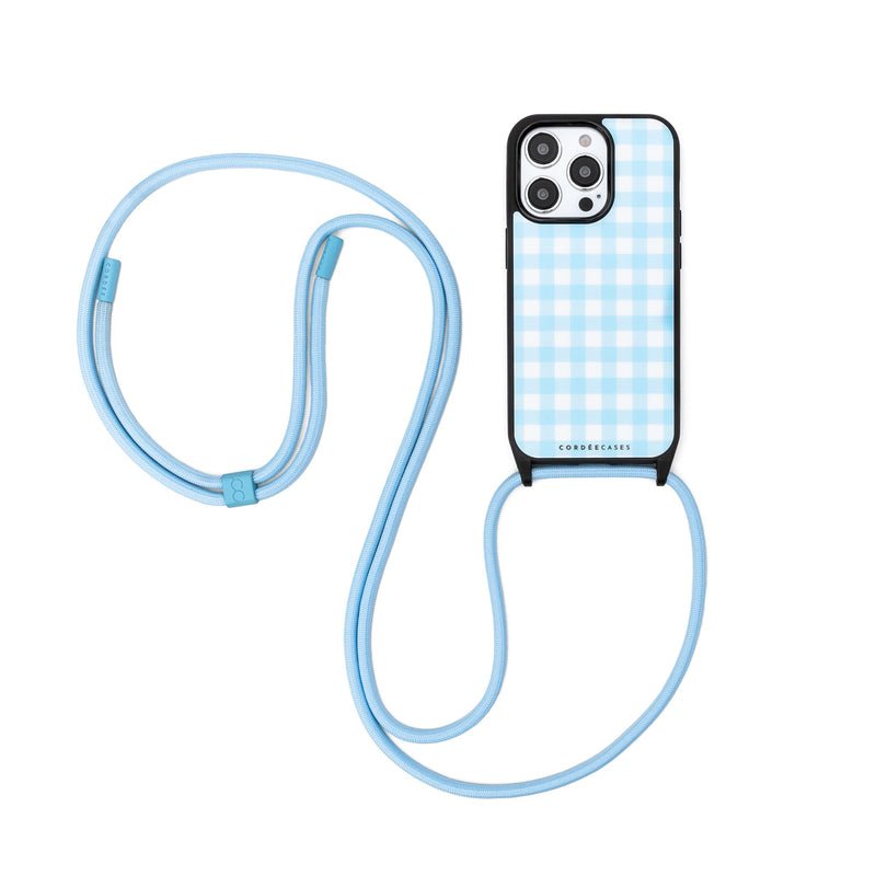 Cairo Crossbody Phone Case with Phone Strap for iPhone 16 Pro, Blue Gingham Pattern, Magnetic Compatible, Adjustable Design