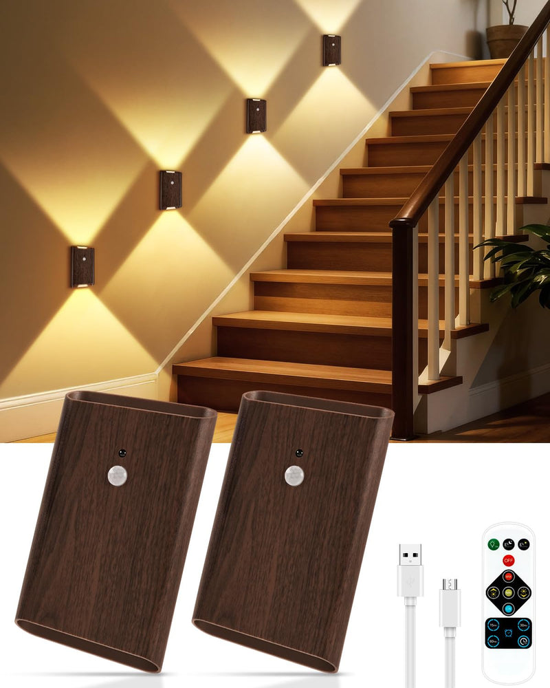 [AUSTRALIA] - Rechargeable Motion Sensor Wall Sconce Set of 2 – 5000mAh Wireless Battery Operated Wall Light Indoor, 3 Colors Up/Down Lighting Magnetic Night Light with Remote Control for Bedroom, Hallway (Walnut) Walnut 2 Pack 