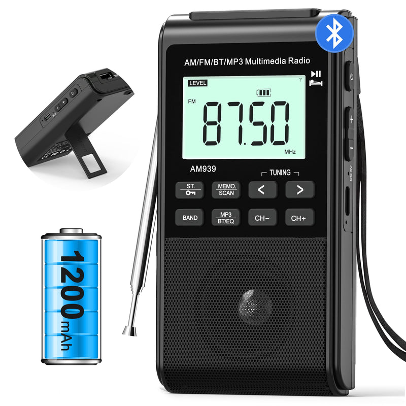 [AUSTRALIA] - Pocket Radio with AM FM-1200mAh Rechargeable Radio-Portable Transistor Radio with Best Reception, Bluetooth Receiver,5W Big Speaker,LCD Screen,Earphone Jack,Support SD Card and USB Player for Jogging Black 