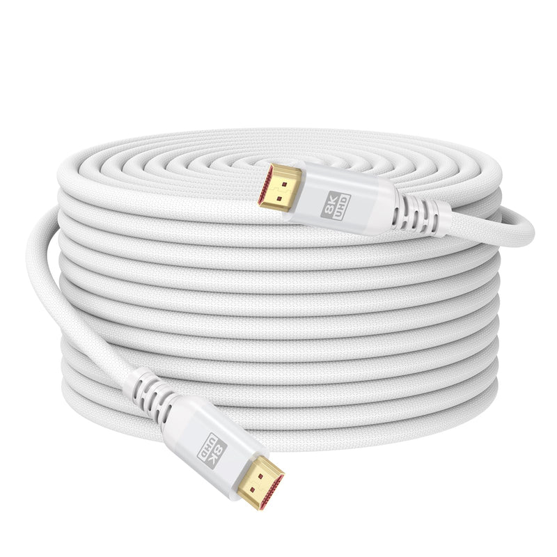 8K White HDMI Cable 30 FT, Long HDMI 2.1 Cable 30FT Ultra High Speed | eARC Braided HDMI Cord with 8K@60Hz, 4K@120Hz, HDR10+, Dolby, 3D, HDCP2.3 for Laptop/Monitor/HDTV/Soundbar/Blu-ray/PS5/Xbox 1