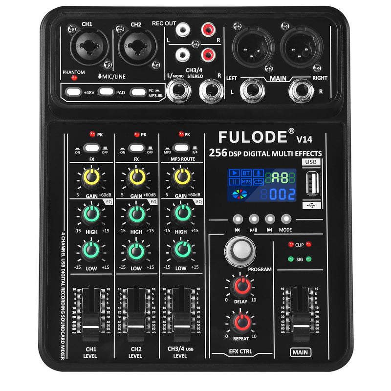 4 Channel Mixer DJ Audio Mixing Console with 256DSP, Small Music Sound Mixer Board Supports USB Bluetooth MP3 Computer Input, 48V Phantom Power & PAD Function for Recording Studio Streaming V14