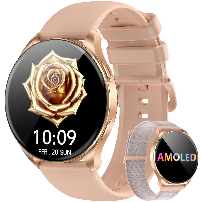 Blackview Smart Watch for Women(Make/Answer Calls), 1.43''AMOLED Touchscreen Fitness Tracker with 100+ Sports Modes, Heart Rate/SpO2/Sleep Monitor/2 Straps, Smartwatch for iPhone & Android W40-Gold Pink