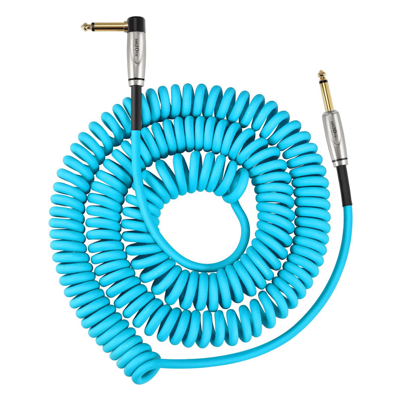 Curly Guitar Cable 30ft, Coil Electric Instrument Guitar Bass Cord AMP Lead 1/4 Straight to Angled Light Blue Straight-Angled