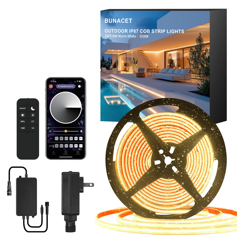 [AUSTRALIA] - 20ft COB Outdoor LED Strip IP67 Waterproof, 6500K Cold Whit DC24V Flexible LED Rope Strips with Remote & App Control Dimmable, DIY Lighting for Indoor, Outdoor, Bedroom, Garden, Patio 20FT COB 3000K 