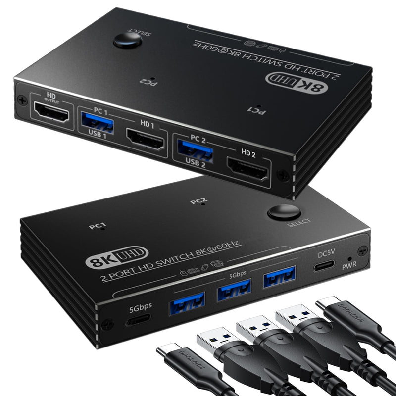 8K@60Hz KVM Switch 1 Monitors 2 Computers - 8K Hd Mi KVM Switcher for Two Computers with 4 USB 3.0 A/C Port Share One Monitor Keyboard Mouse Printer U-Drive, with EDID Adaptive and 2*USB Cables