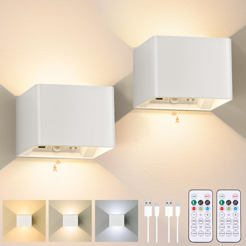 [AUSTRALIA] - Yochoice Motion Sensor Wall Light Indoor Set of 2, 6000mAh Wireless Rechargeable Battery Operated LED Sconce Up Down with Touch Remote Control, Battery Powered Magnetic Wall Lamps with 3CCT, White 2-pack 