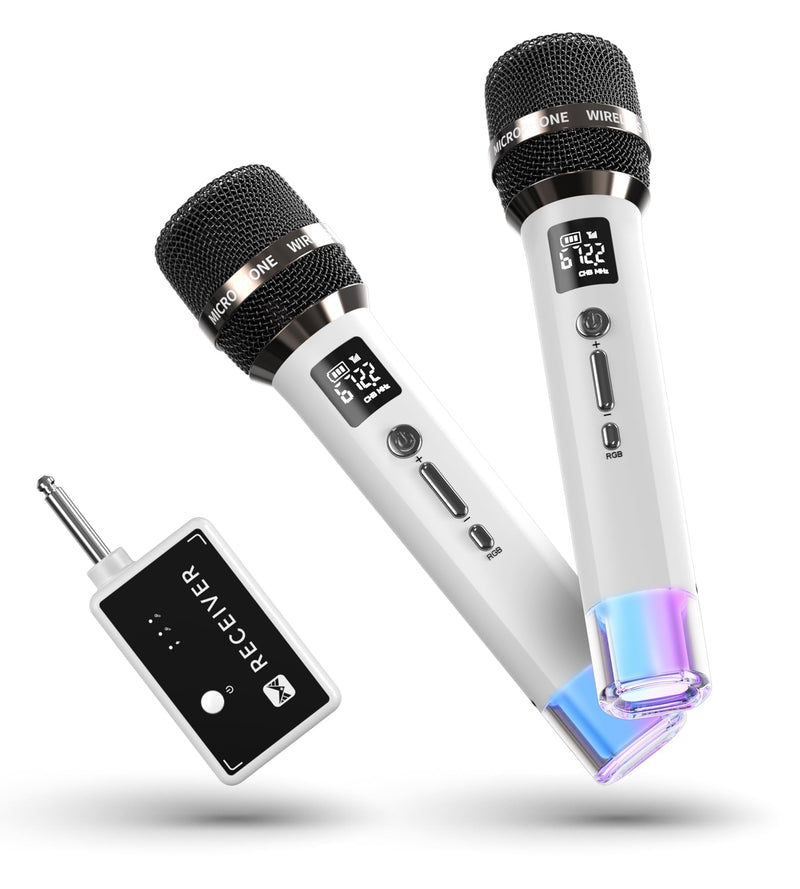 [AUSTRALIA] - Wireless Microphones, Microphone with One-to-One Chip Connection and LED Lights, 40H Duration, 200FT Range Receiving, Volume Control Karaoke Microphone for Singing, Speech, Home Party, YouTube/TikTok White 